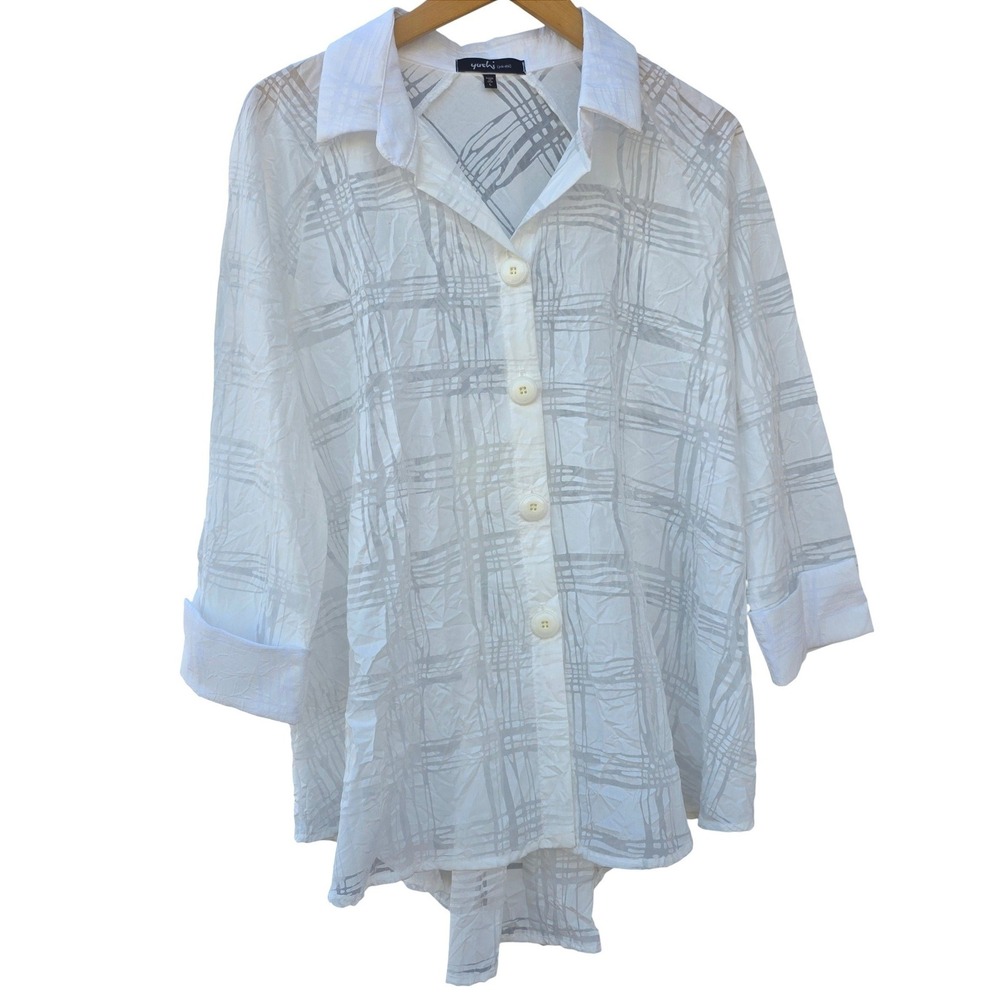 Yushi Lagenlook Crinkle Tunic Semi Sheer White Large Button Front